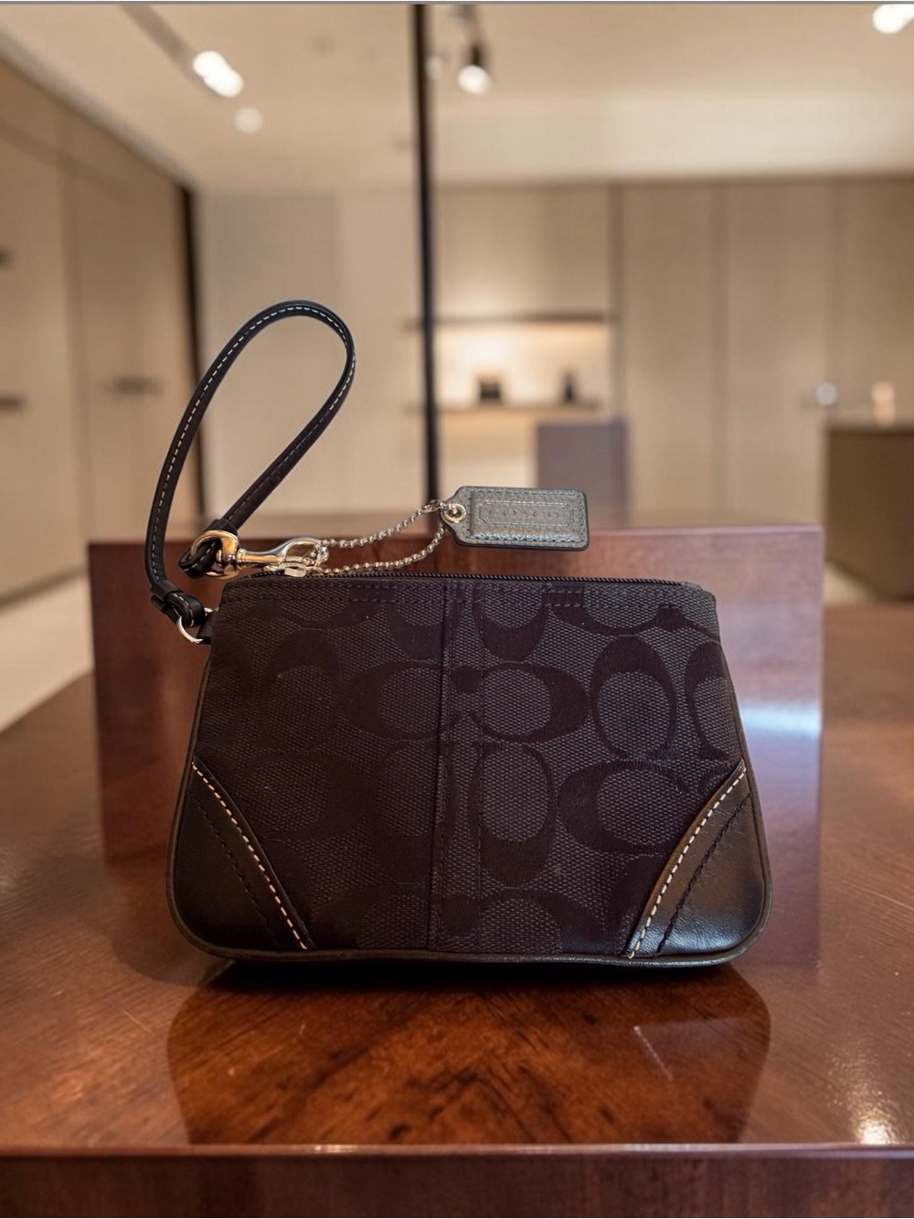 Coach Black Signature Canvas Wristlet- Silver Hardware Leather Corners & Hangtag